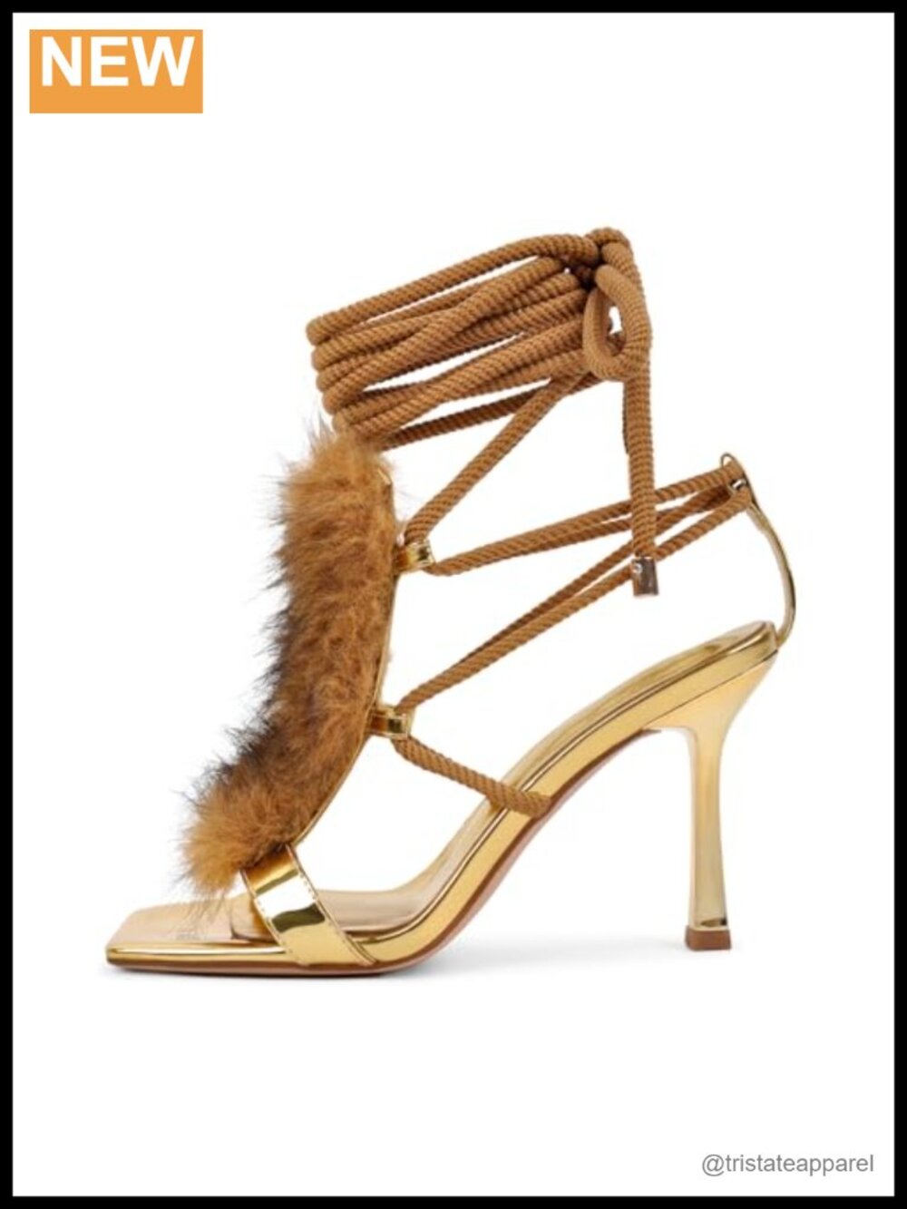 Faux Fur Strappy Sandals with Brown Rope Lace-Up Square Toe Stiletto Heels
